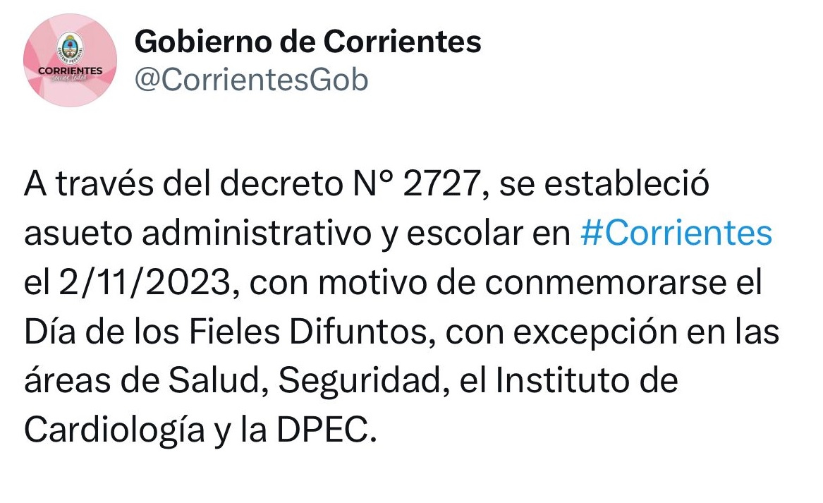 La Provincia estableció que será asueto administrativo y escolar el 2 de noviembre
