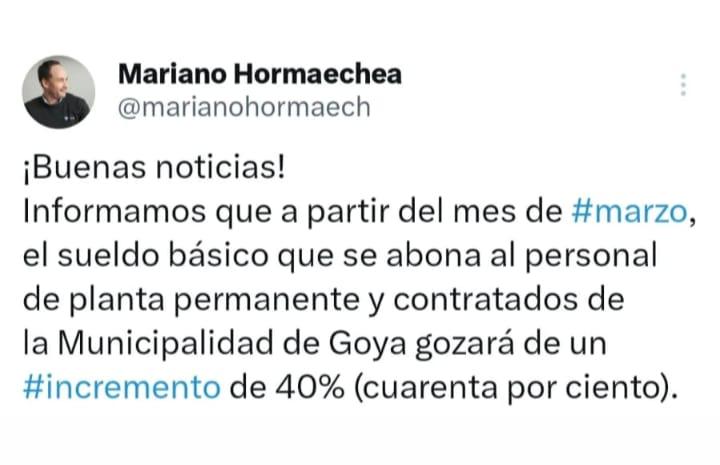 INTENDENTE HORMAECHEA ANUNCIÓ AUMENTO DEL 40% EN EL BÁSICO
