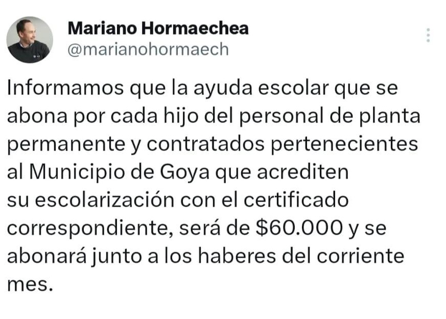 INTENDENTE DE GOYA ANUNCIÓ AYUDA ESCOLAR PARA EMPLEADOS MUNICIPALES