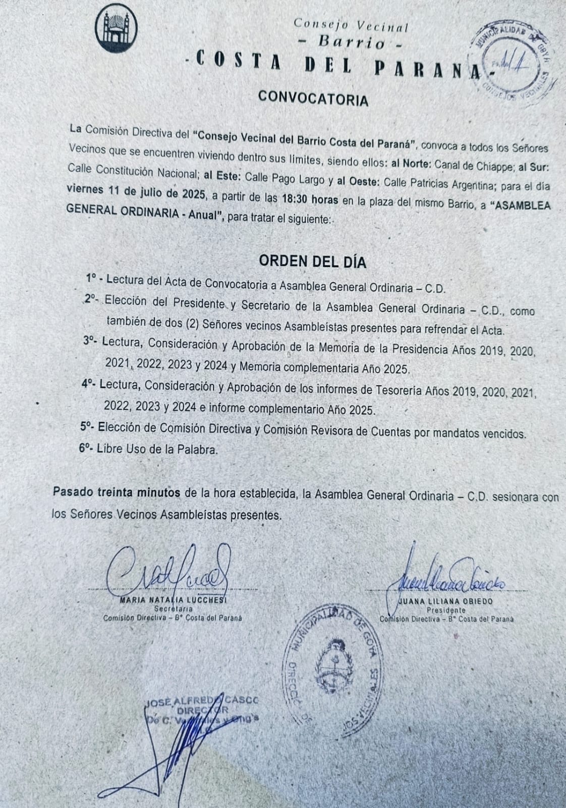 CONVOCATORIA CONSEJO VECINAL BARRIO COSTA DEL PARANÁ