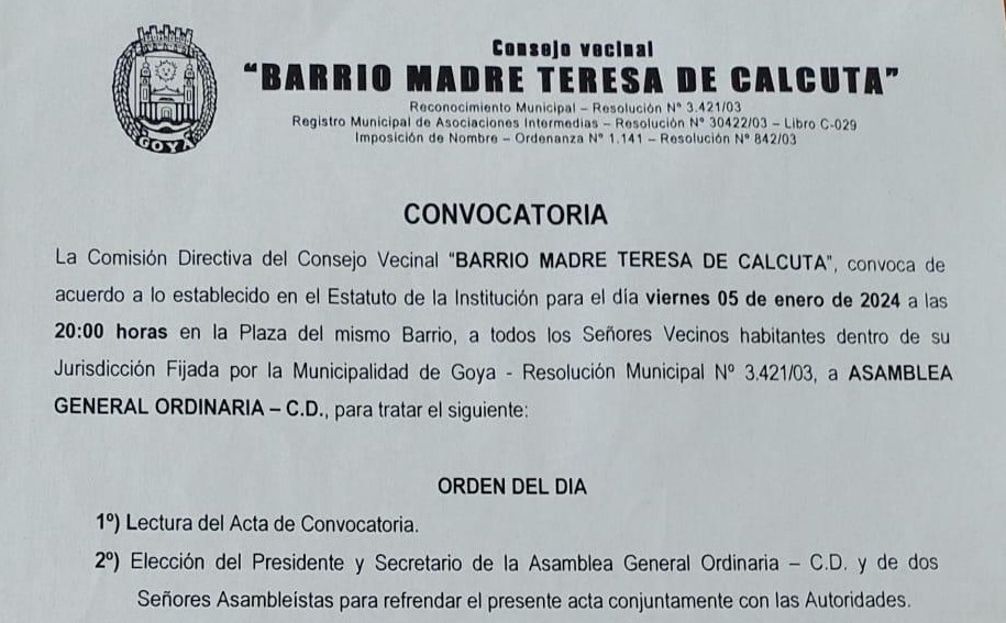 CONVOCATORIA BARRIO MADRE TERESA DE CALCUTA
