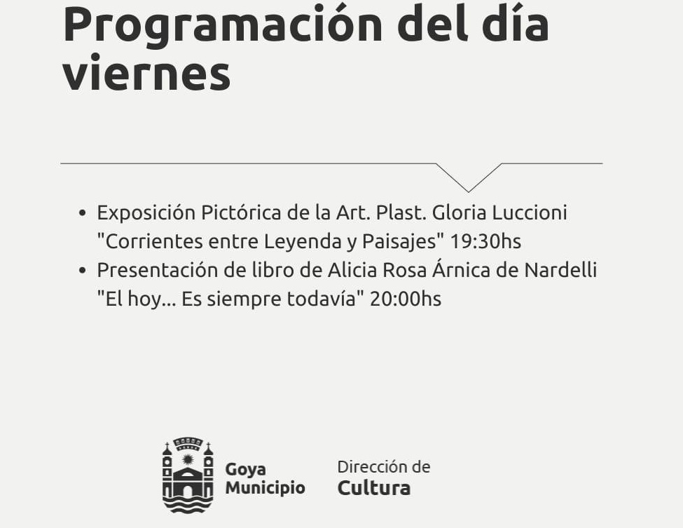 Viernes Cultural: EN CASA DE LA CULTURA: EXPOSICIÓN DE LA ARTISTA PLÁSTICA GLORIA LUCCIONI Y  PRESENTACIÓN DEL LIBRO DE ALICIA ÁRNICA DE NARDELLI
