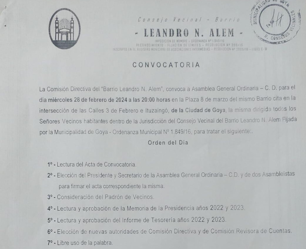 CONVOCATORIA BARRIO LEANDRO N. ALEM