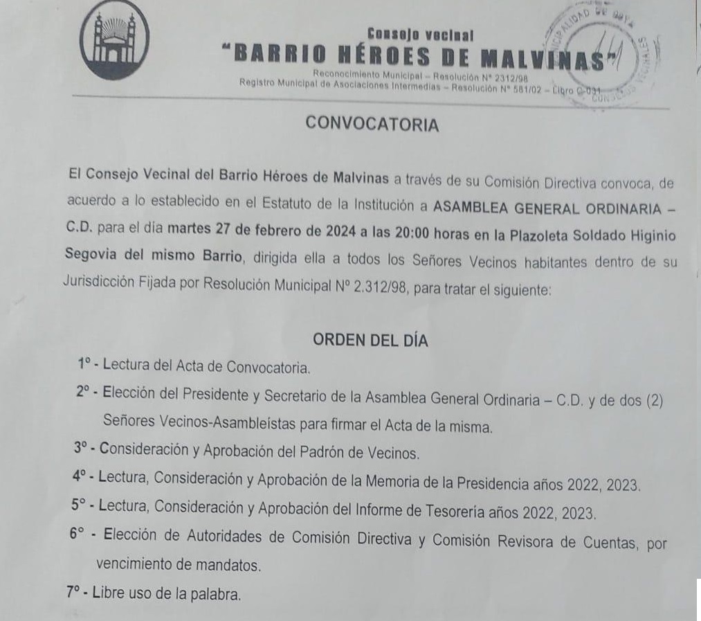 CONVOCATORIA BARRIO HÉROES DE MALVINAS