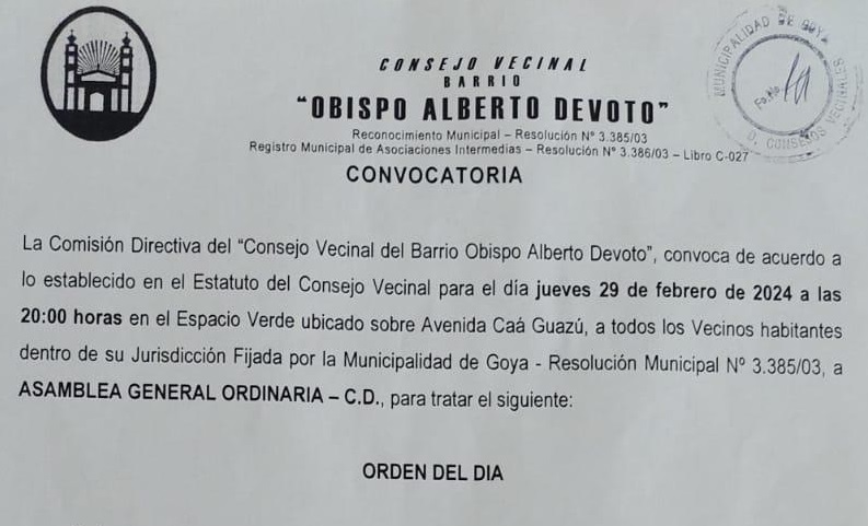 CONVOCATORIA BARRIO OBISPO ALBERTO DEVOTO