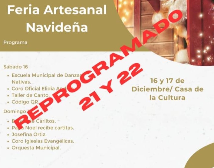 Pasa para el Jueves 21 y Viernes 22: REPROGRAMACIÓN DE LA FERIA ARTESANAL NAVIDEÑA