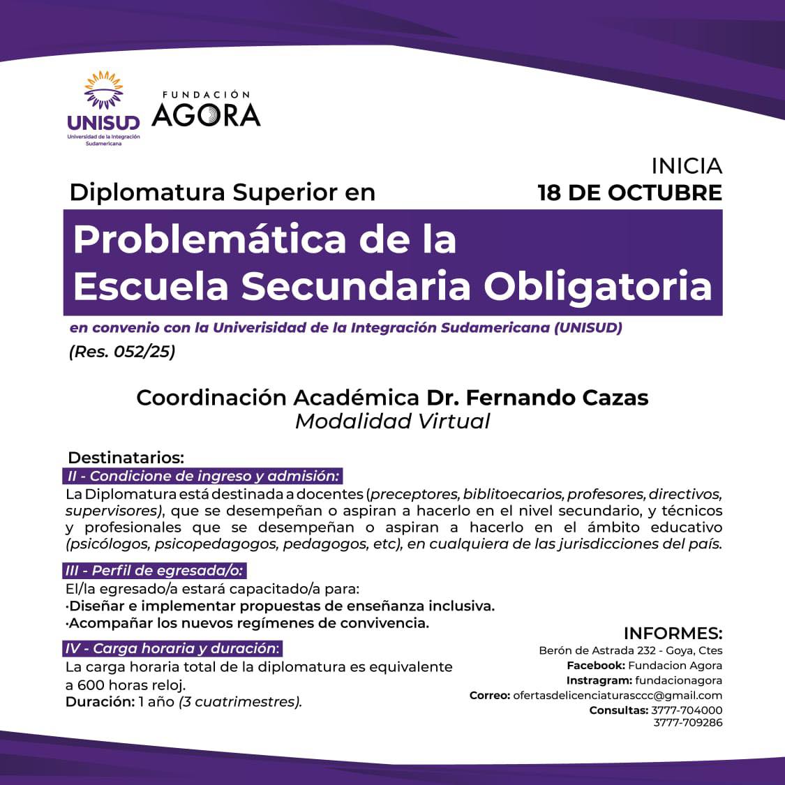 FUNDACIÓN ÁGORA CAPACITARÁ SOBRE PROBLEMÁTICA DE LA ESCUELA SECUNDARIA OBLIGATORIA