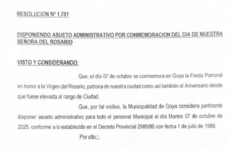 RESOLUCIÓN Nº 1.701: DISPONIENDO ASUETO ADMINISTRATIVO POR CONMEMORACION DEL DIA DE NUESTRA SEÑORA DEL ROSARIO