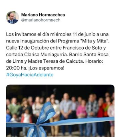 MARIANO HORMAECHEA INVITA A UNA NUEVA INAUGURACIÓN DE CALLE PERTENECIENTE AL PROGRAMA “MITA Y MITA”