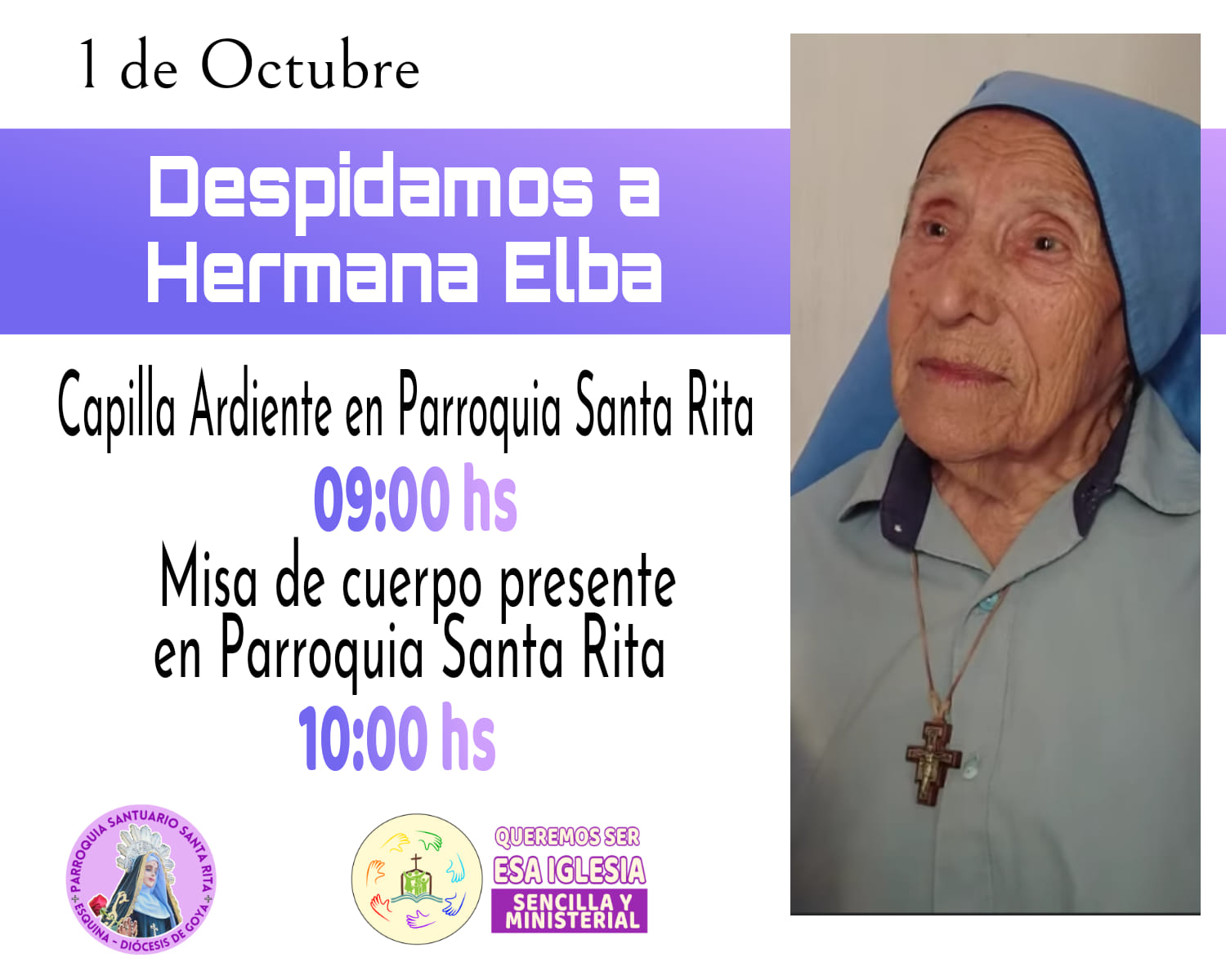 El obispado comunica la Pascua de la Hermana Elba Reyes.