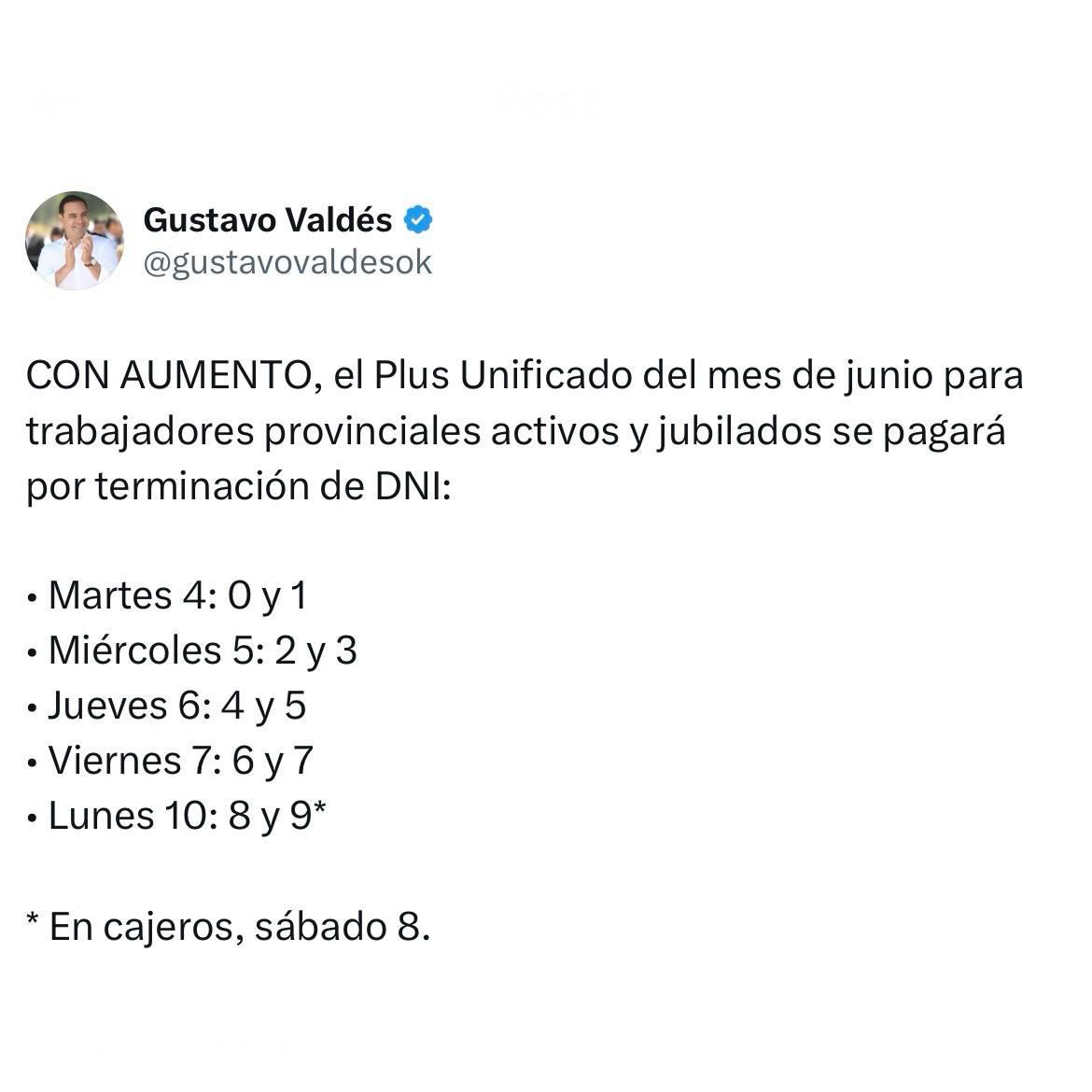  INICIA ESTE MARTES Plus Unificado con aumento: Valdés anunció cronograma de pago
