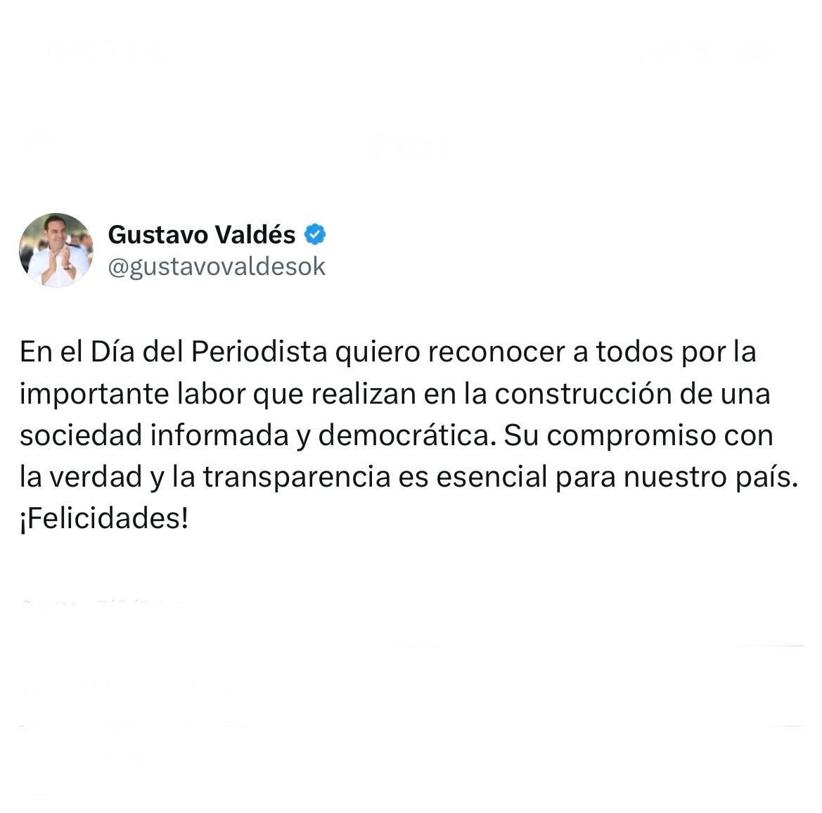 A TRAVÉS DE SUS REDES SOCIALES Valdés saludó a los periodistas y valoró “su compromiso con la verdad y la transparencia”