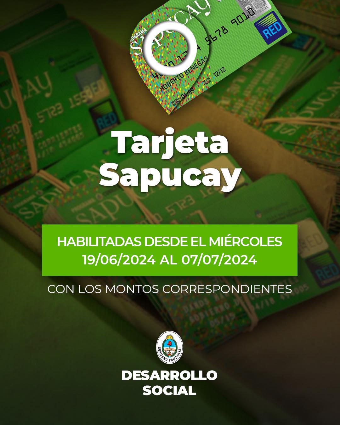   DESDE ESTE MIÉRCOLES 19 SE HABILITAN LAS TARJETAS SAPUCAY