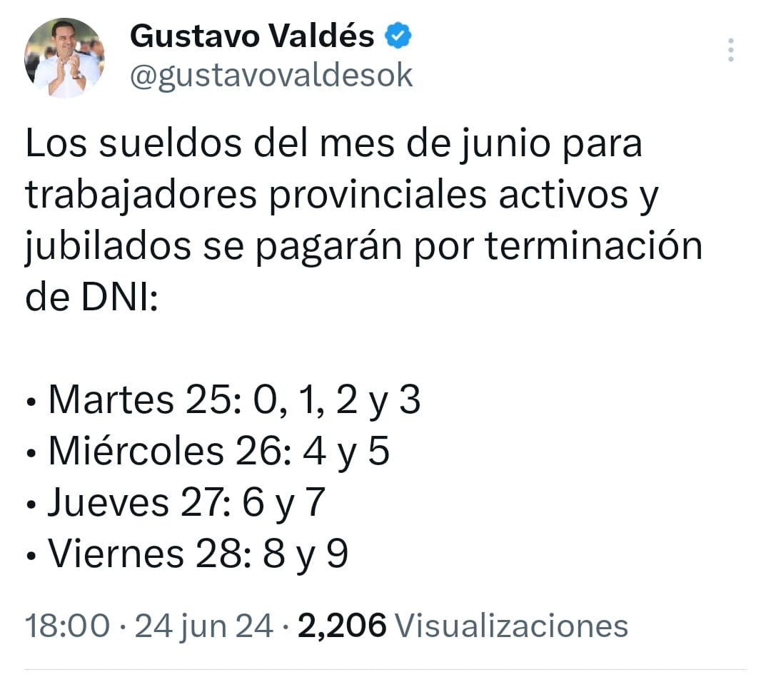POLÍTICA SALARIAL EN CORRIENTES VALDÉS CONFIRMA DÍAS DE PAGO DEL SUELDO CON AUMENTO DE JUNIO Y PROVINCIA ACUMULA UNA INYECCIÓN SALARIAL MENSUAL DE $96 MIL MILLONES