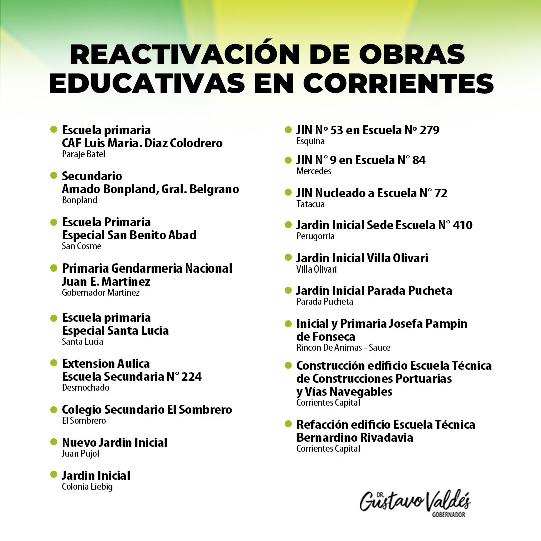 . DIECIOCHO ESTABLECIMIENTOS DE TODA LA PROVINCIA EL GOBERNADOR VALDÉS ANUNCIÓ UN CONVENIO CON NACIÓN PARA REINICIAR OBRAS DE INFRAESTRUCTURA EDUCATIVA