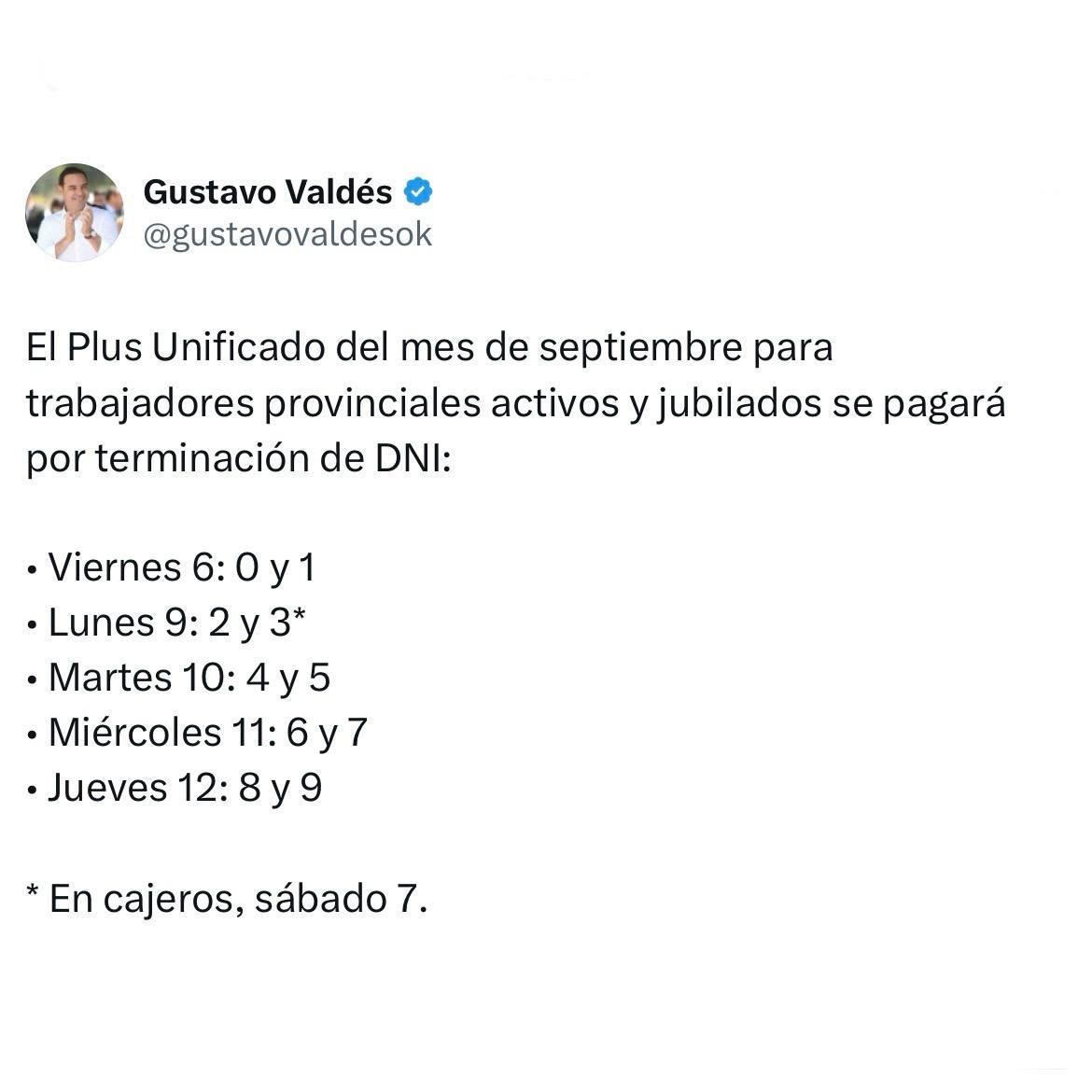 PLUS UNIFICADO: VALDÉS ANUNCIA DÍAS DE PAGOS DEL ADICIONAL DE SEPTIEMBRE