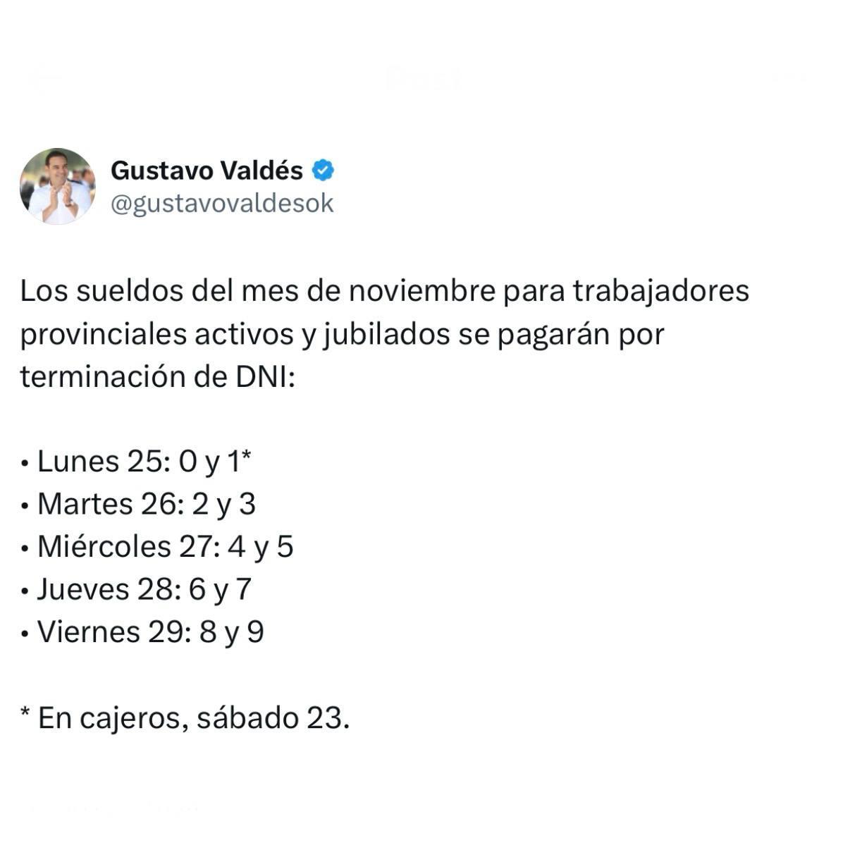 Haberes de noviembre: Valdés confirmó días de pagos y Provincia acumulará una inyección mensual superior a los $90 mil millones