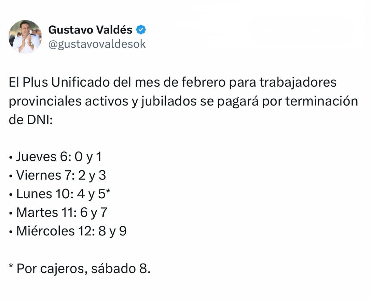 Plus Unificado: Valdés confirma cronograma de pago de febrero