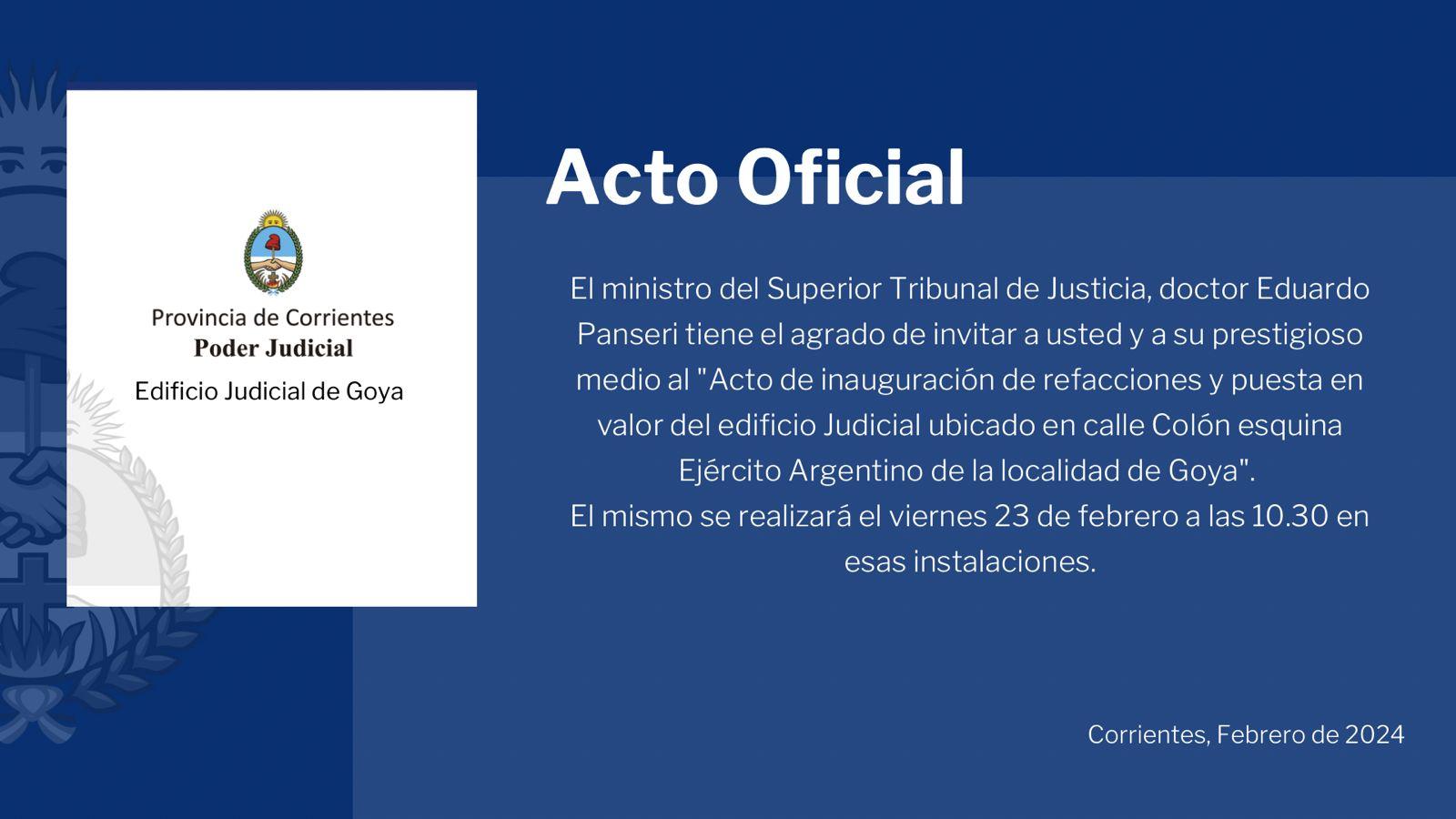 INAUGURARÁN OBRAS DE REFACCIÓN Y PUESTA EN VALOR DE EDIFICIO DEL PODER JUDICIAL EN GOYA
