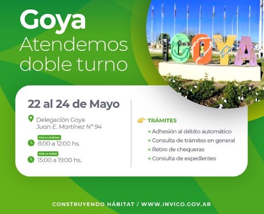 INVICO GOYA: Durante esta semana la Delegación Goya del INVICO atenderá en doble turno