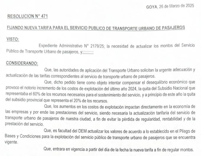RESOLUCIÓN N° 471: FIJANDO NUEVA TARIFA PARA EL SERVICIO PÚBLICO DE TRANSPORTE URBANO DE PASAJEROS
