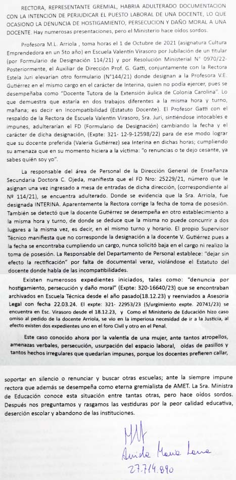 El Ministerio de Educación dio lugar al reclamo de la docente María Laura Arriola por la designación de un cargo