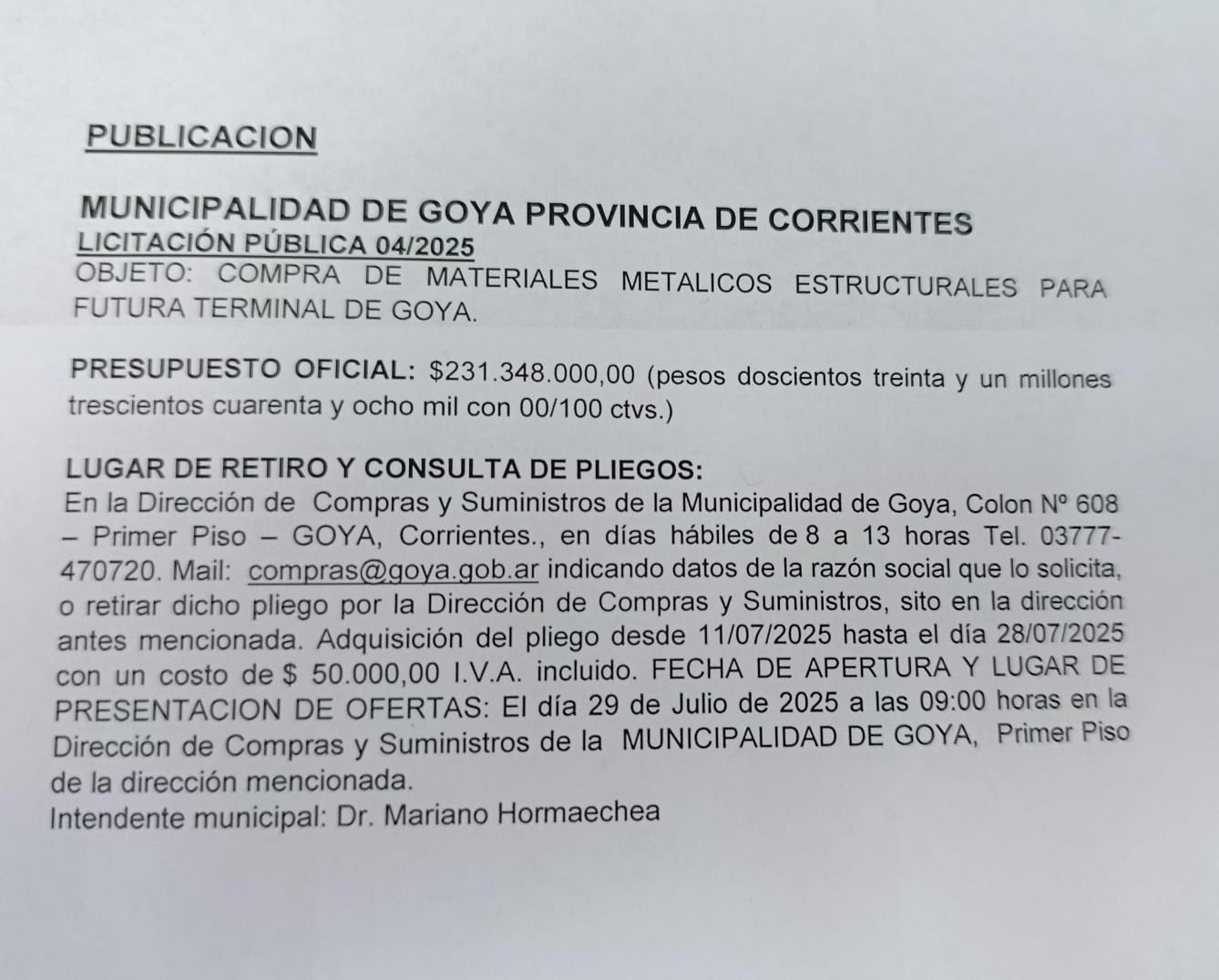 LICITACIÓN PÚBLICA 04/2025: FUTURA TERMINAL DE GOYA