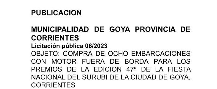 MUNICIPALIDAD DE GOYA PROVINCIA DE CORRIENTES: Licitación pública 06/2023