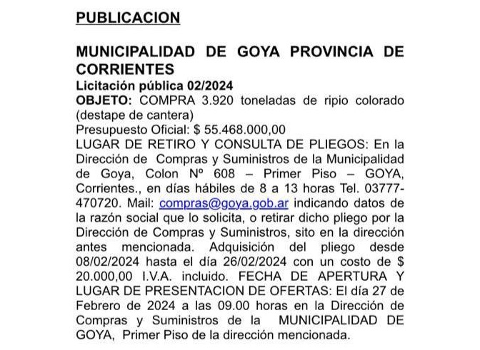 MUNICIPALIDAD DE GOYA PROVINCIA DE CORRIENTES: Licitación pública 02/2024