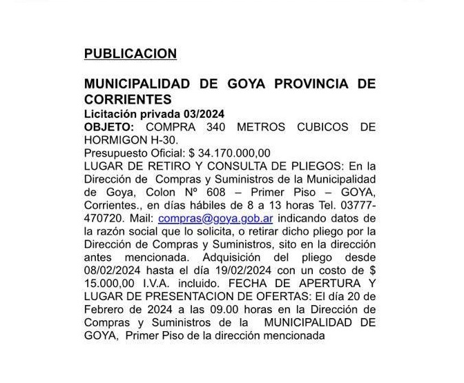 MUNICIPALIDAD DE GOYA PROVINCIA DE CORRIENTES: Licitación privada 03/2024