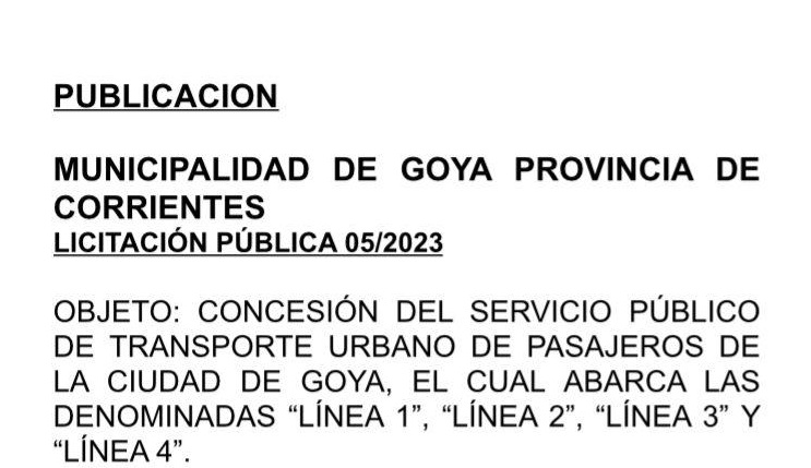 MUNICIPALIDAD DE GOYA PROVINCIA DE CORRIENTES: LICITACIÓN PÚBLICA 05/2023