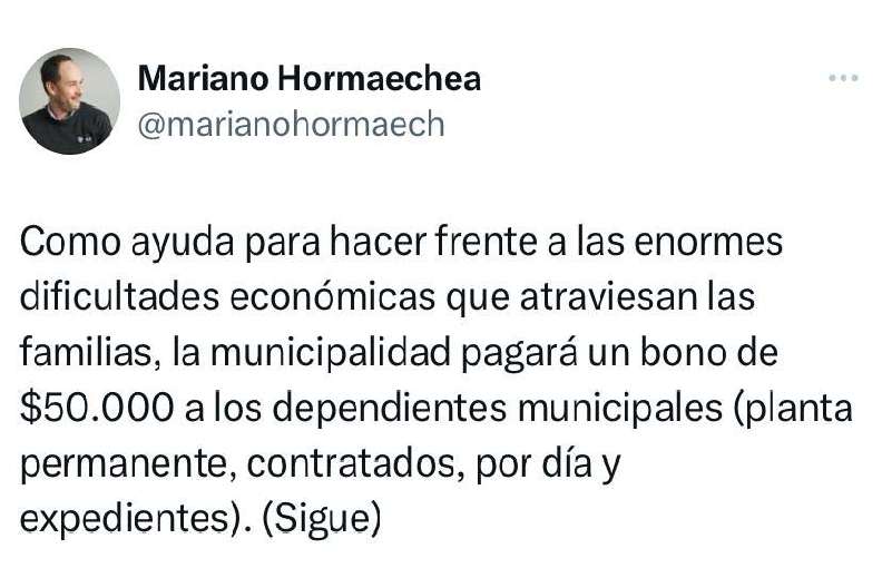 Mariano Hormaechea anunció el pago de un Bono de 50 mil pesos a todo el personal.