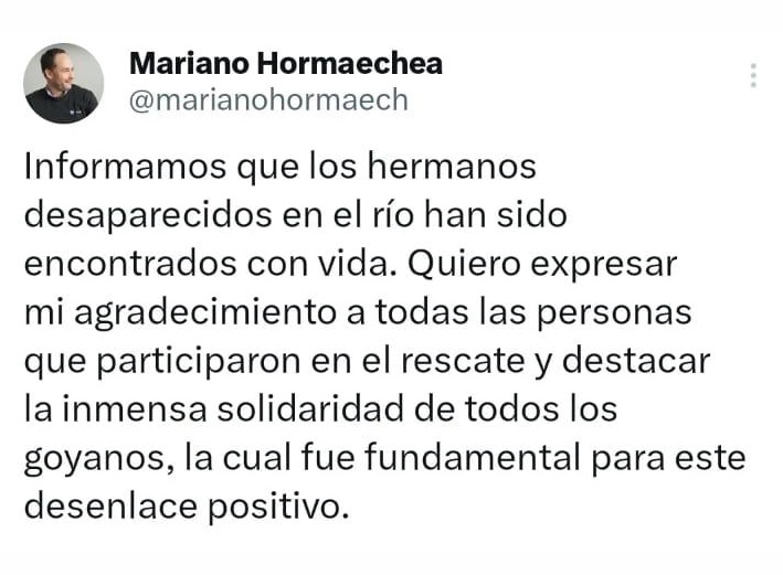MARIANO HORMAECHEA COMPARTE LA NOTICIA DE LA APARICIÓN DE LOS HERMANOS DESAPARECIDOS EN EL RIO