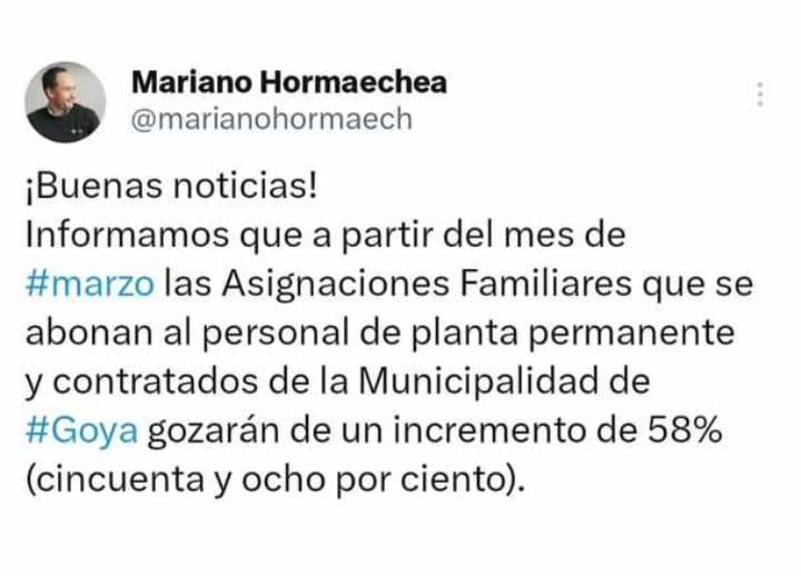 Mejoras salariales: EMPLEADOS MUNICIPALES DE GOYA RECIBIRÁN INCREMENTO DEL 58% EN ASIGNACIONES FAMILIARES