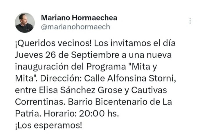 MITA Y MITA: nueva cuadra a inaugurar el jueves en el Barrio Bicentenario