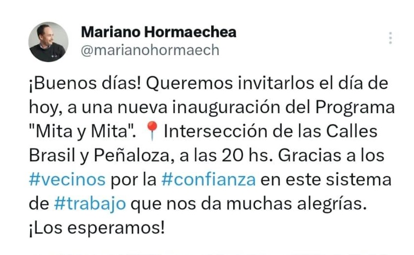 Hoy 20 horas: “MITA Y MITA”: INAUGURACIÓN OBRA DE PAVIMENTO EN INTERSECCIÓN DE LAS CALLES BRASIL Y PEÑALOZA