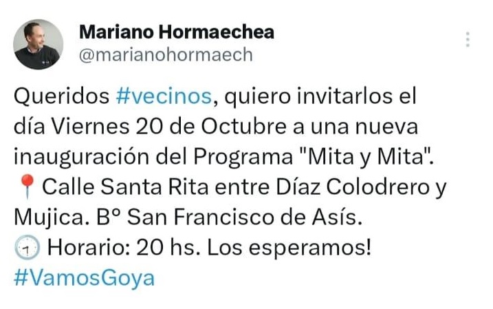 Barrio San Francisco de Asís: PROGRAMA “MITA Y MITA”: INTENDENTE HORMAECHEA INVITA A LA INAUGURACIÓN DE LA CALLE SANTA RITA