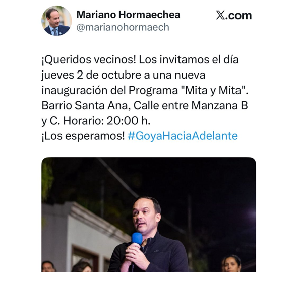 EL INTENDENTE MARIANO HORMAECHEA INVITA A NUEVA INAUGURACIÓN PROGRAMA “MITA Y MITA”