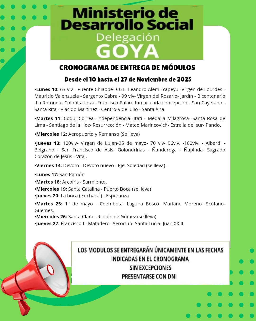 DESARROLLO SOCIAL INFORMA EL CRONOGRAMA DE ENTREGA DE MÓDULOS EN GOYA