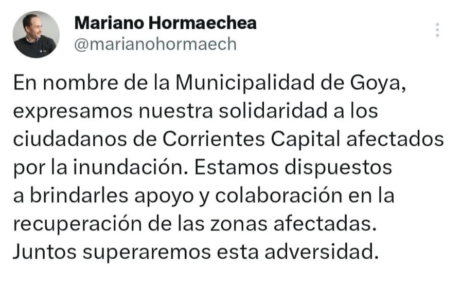 MUNICIPALIDAD DE GOYA EXPRESA SU SOLIDARIDAD HACIA LA CIUDADANÍA DE CORRIENTES AFECTADOS POR LA INUNDACIÓN