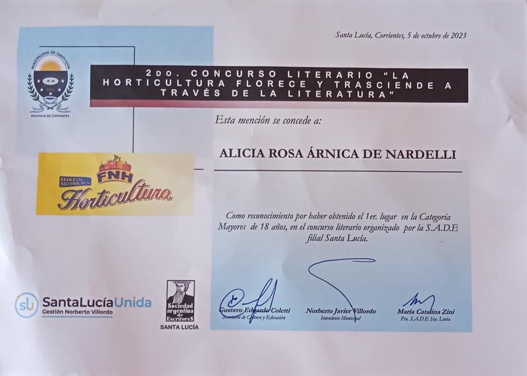 ALICIA NARDELLI GANADORA CONCURSO LITERARIO EN FIESTA HORTICULTURA