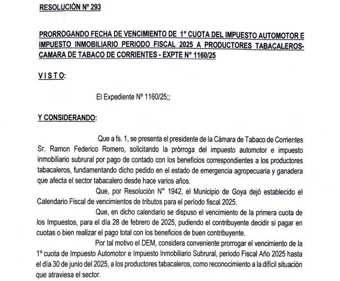 MUNICIPALIDAD PRORROGA VENCIMIENTO DE IMPUESTOS PARA PRODUCTORES TABACALEROS
