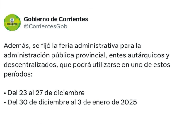 Valdés decretó asueto administrativo para el 24 y 31 de diciembre y confirmó los días de Feria administrativa