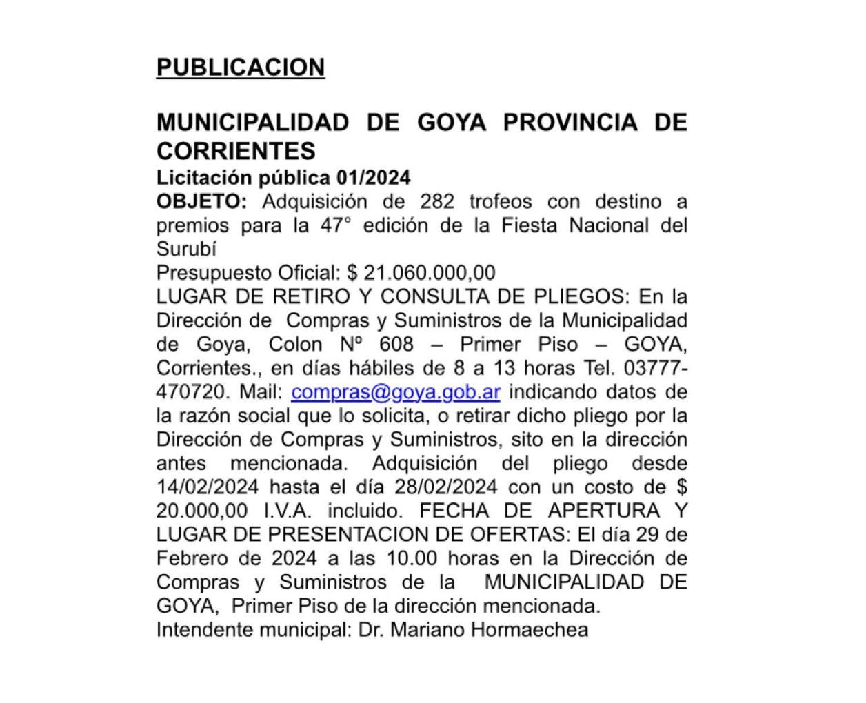 MUNICIPALIDAD DE GOYA PROVINCIA DE CORRIENTES: Licitación pública 01/2024