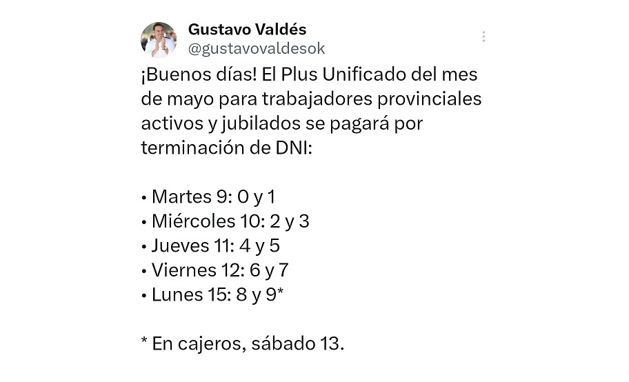 Plus Unificado: Valdés confirma días de pago y Provincia inyecta otros $2.300 millones al mercado local