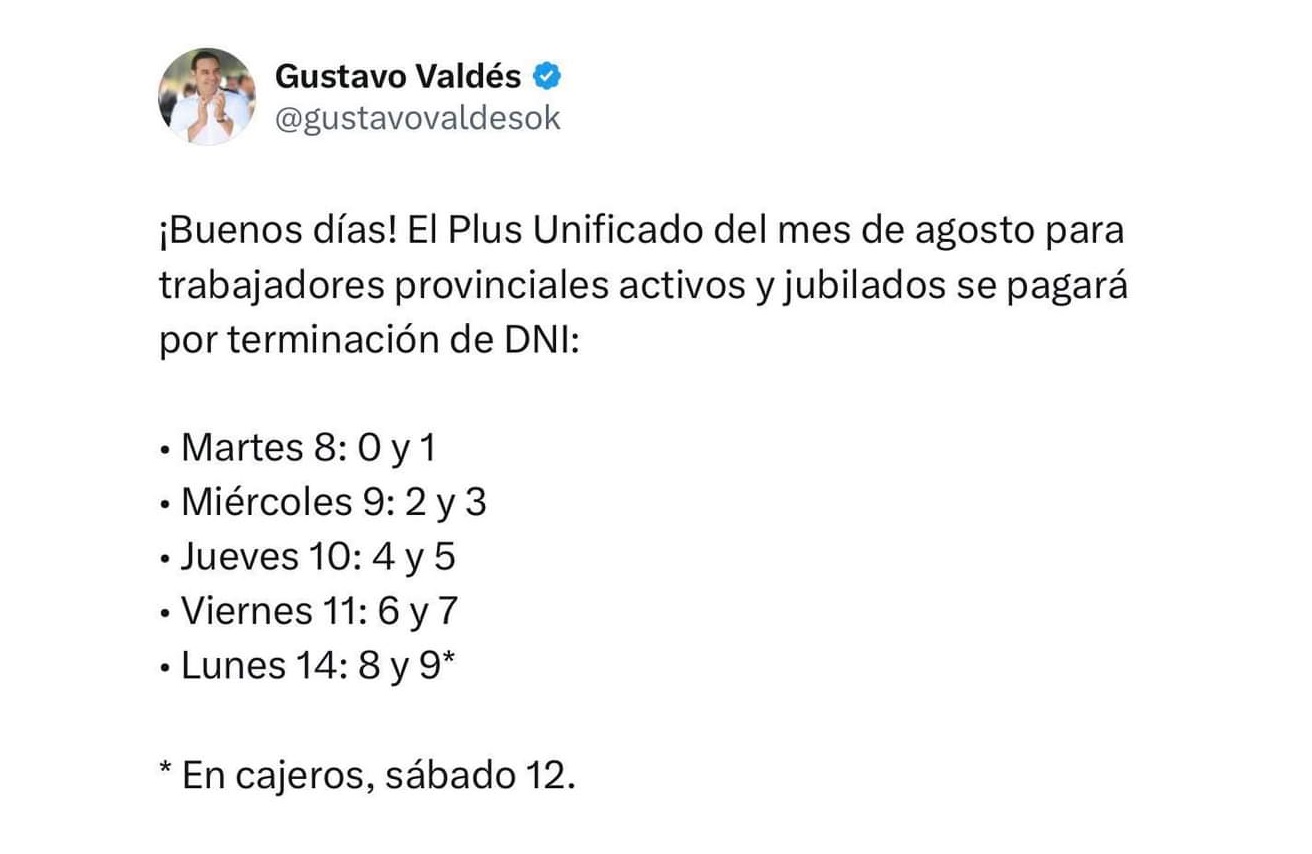 Valdés confirma pago del Plus Unificado y Provincia vuelca otros $2.300 millones a la economía local 
