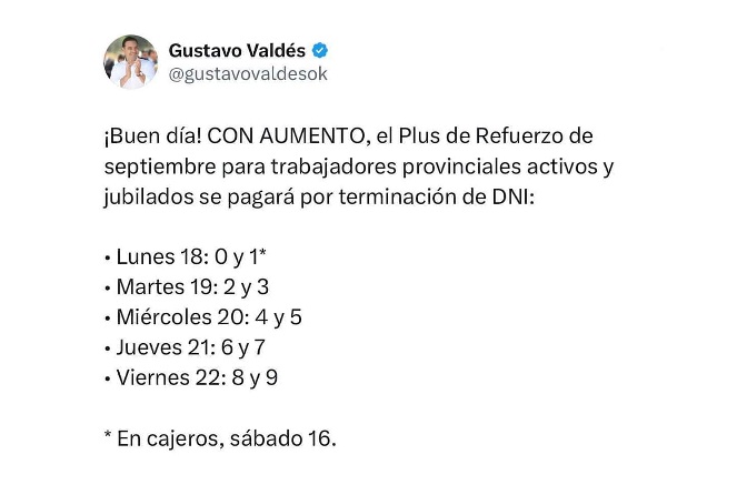 Con aumento, Valdés anuncia el pago del Plus de Refuerzo de septiembre