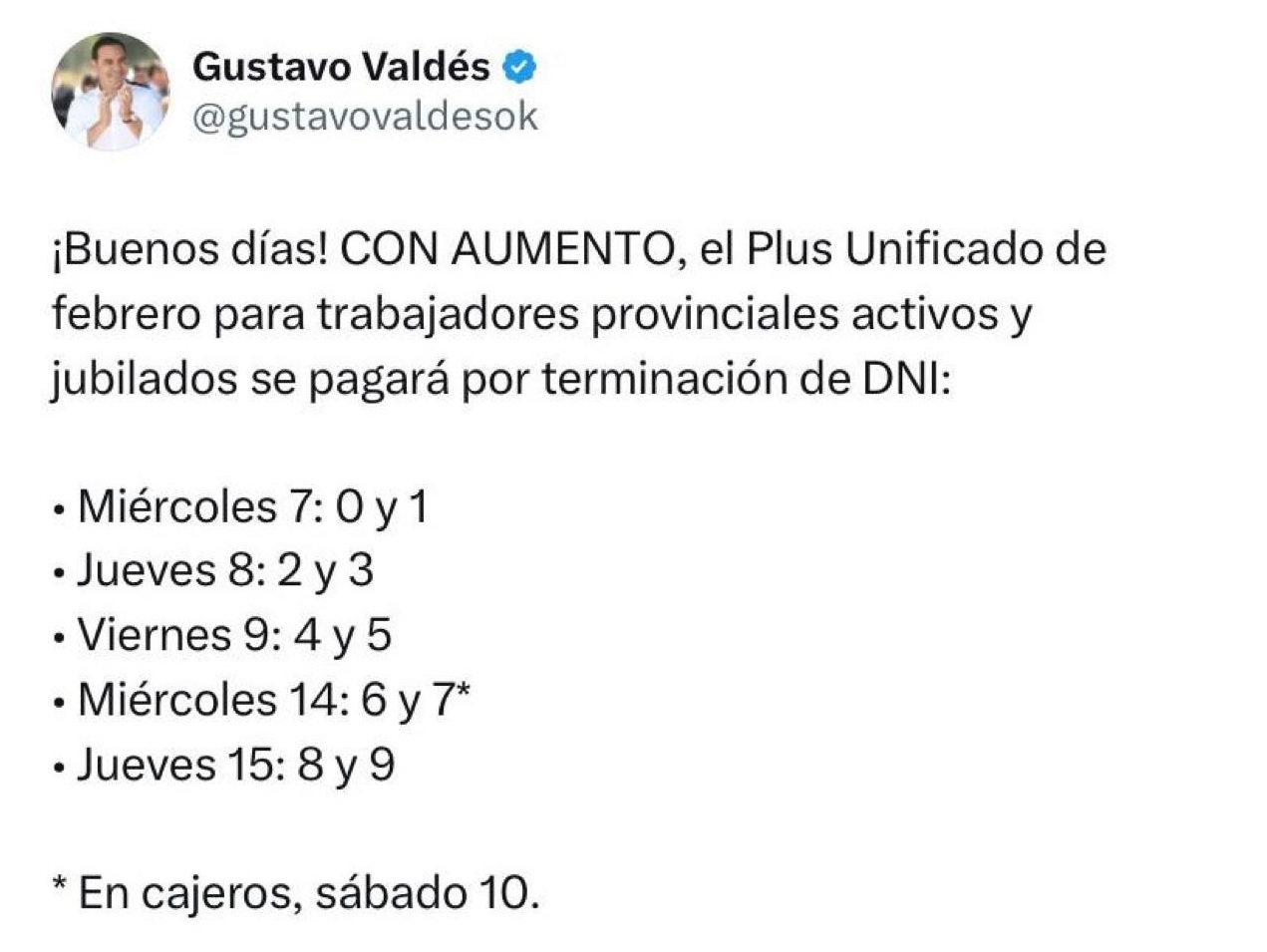 Plus Unificado con aumento: Valdés anuncia días de pago del adicional de febrero