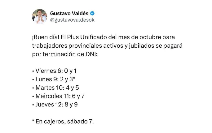 Plus Unificado: Valdés confirma días de pago y Provincia inyecta otros $2.300 millones al mercado local