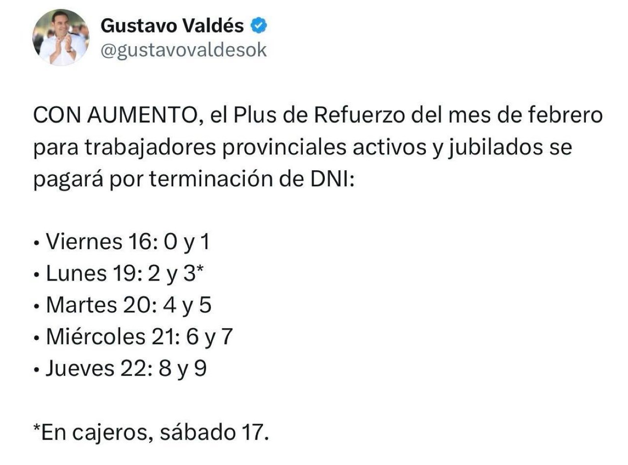 Plus de Refuerzo con aumento: Valdés anuncia días de pago del adicional de febrero